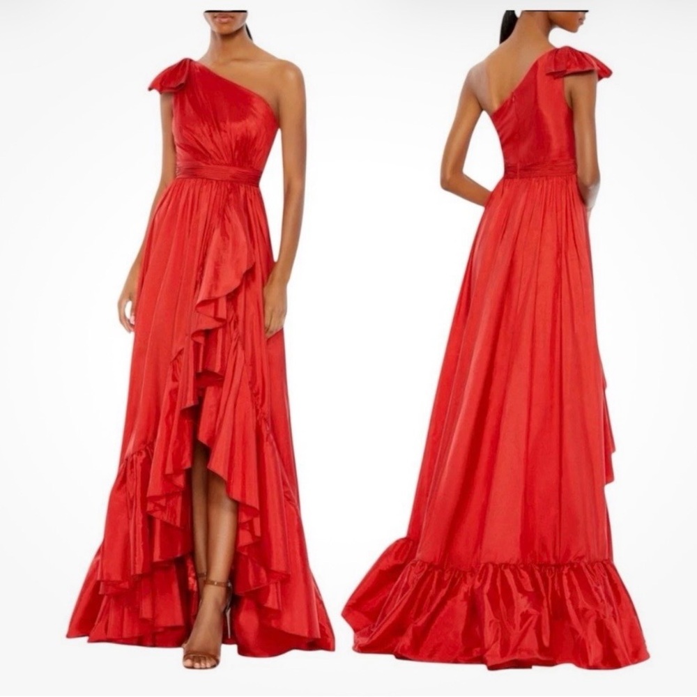 Mac Duggal red solid colored one shoulder formal gown size 12 • black tie dress - Picture 3 of 12